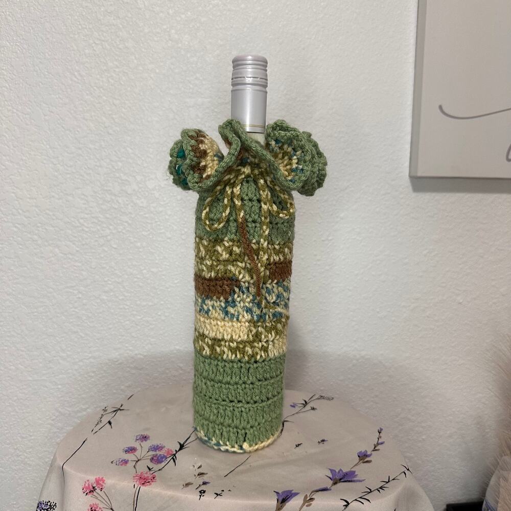 Handmade Crotchet Ruffled Wine Bottle Holder with Drawstring